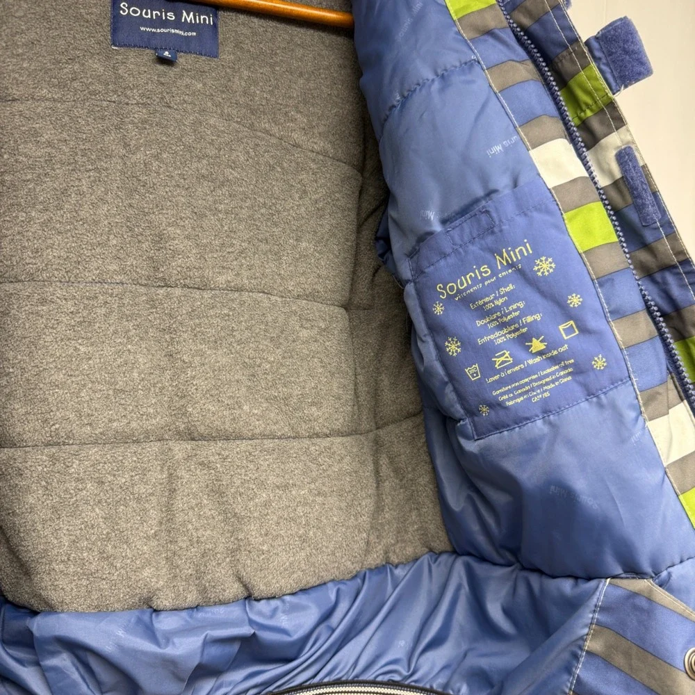 Souris Mini Boys Striped Hooded Winter Coat Blue Green Grey Fleece Lined Size 8